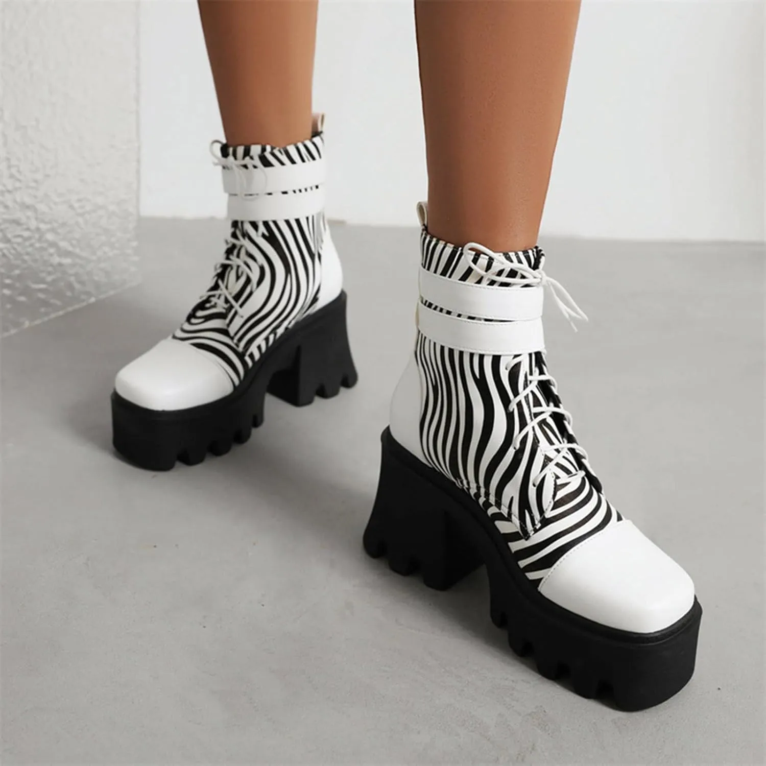Vujkliy Women's Winter Thick Sole High Heel Zebra Print Front Lace Up Booties Large Size
