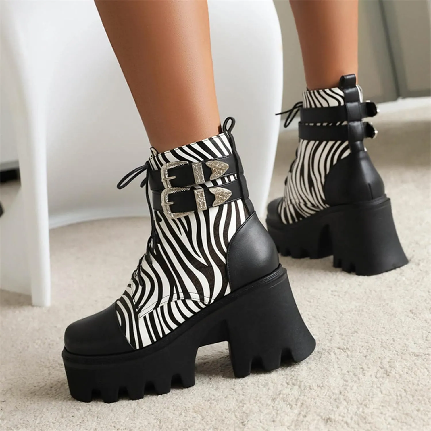 Vujkliy Women's Winter Thick Sole High Heel Zebra Print Front Lace Up Booties Large Size