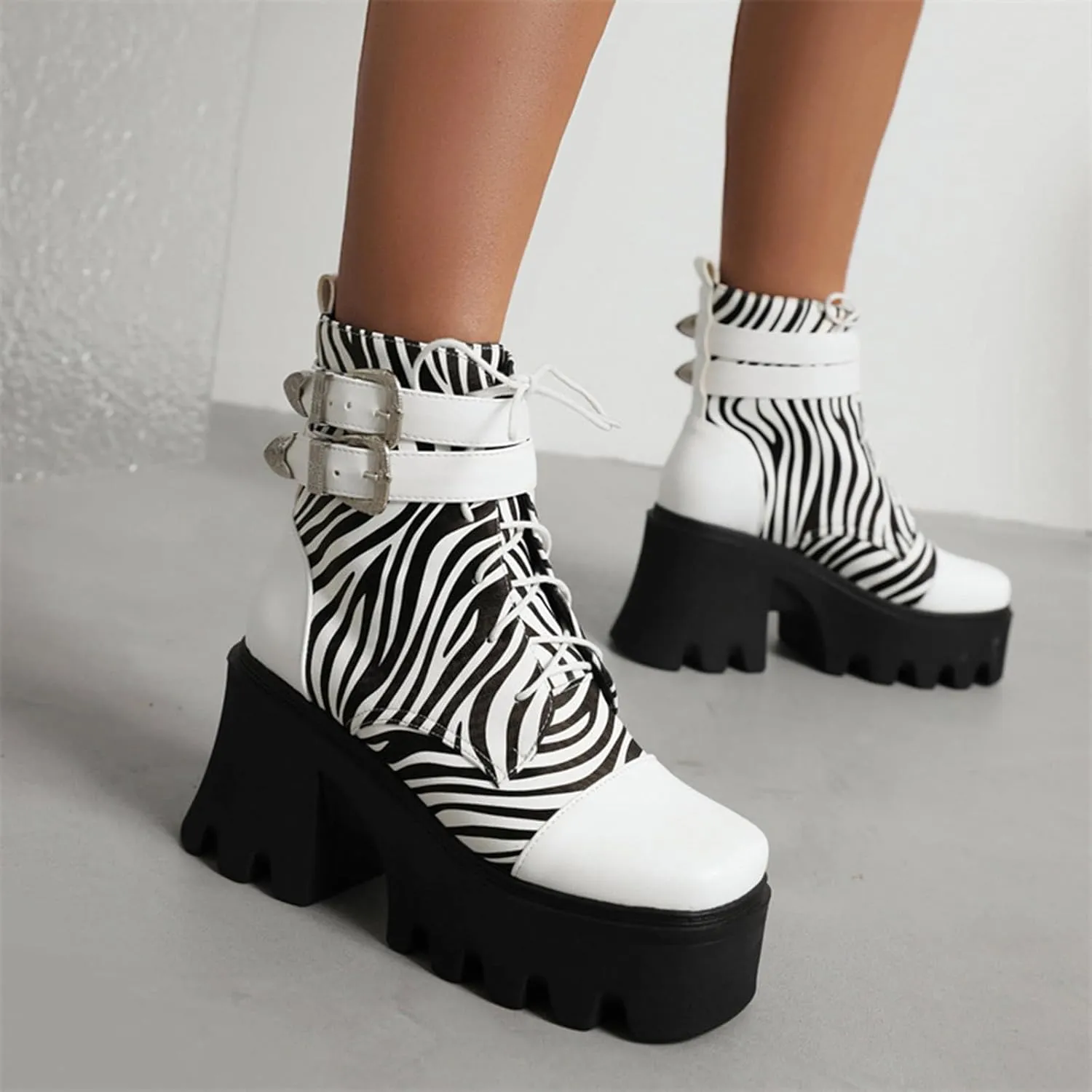 Vujkliy Women's Winter Thick Sole High Heel Zebra Print Front Lace Up Booties Large Size