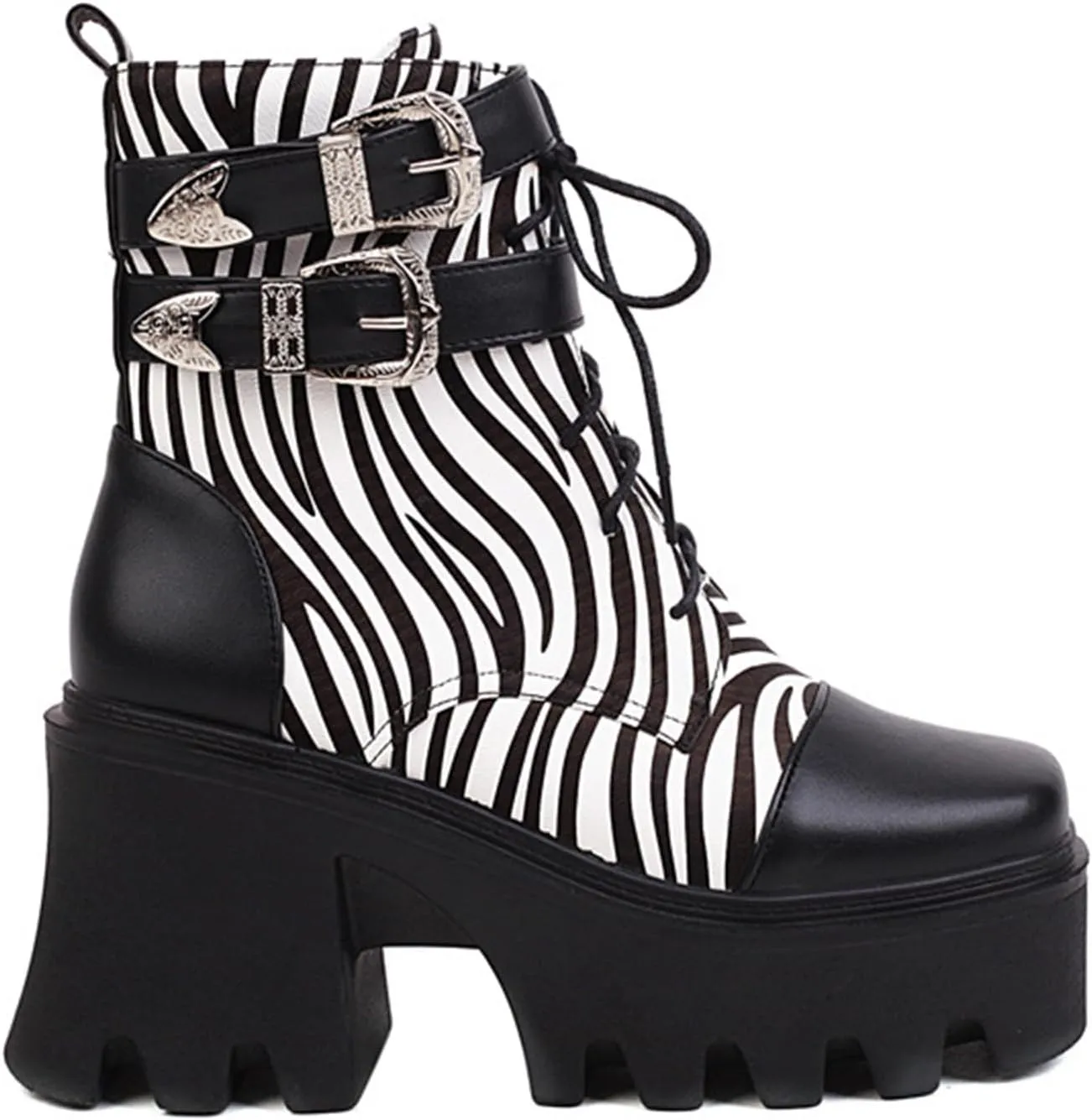Vujkliy Women's Winter Thick Sole High Heel Zebra Print Front Lace Up Booties Large Size