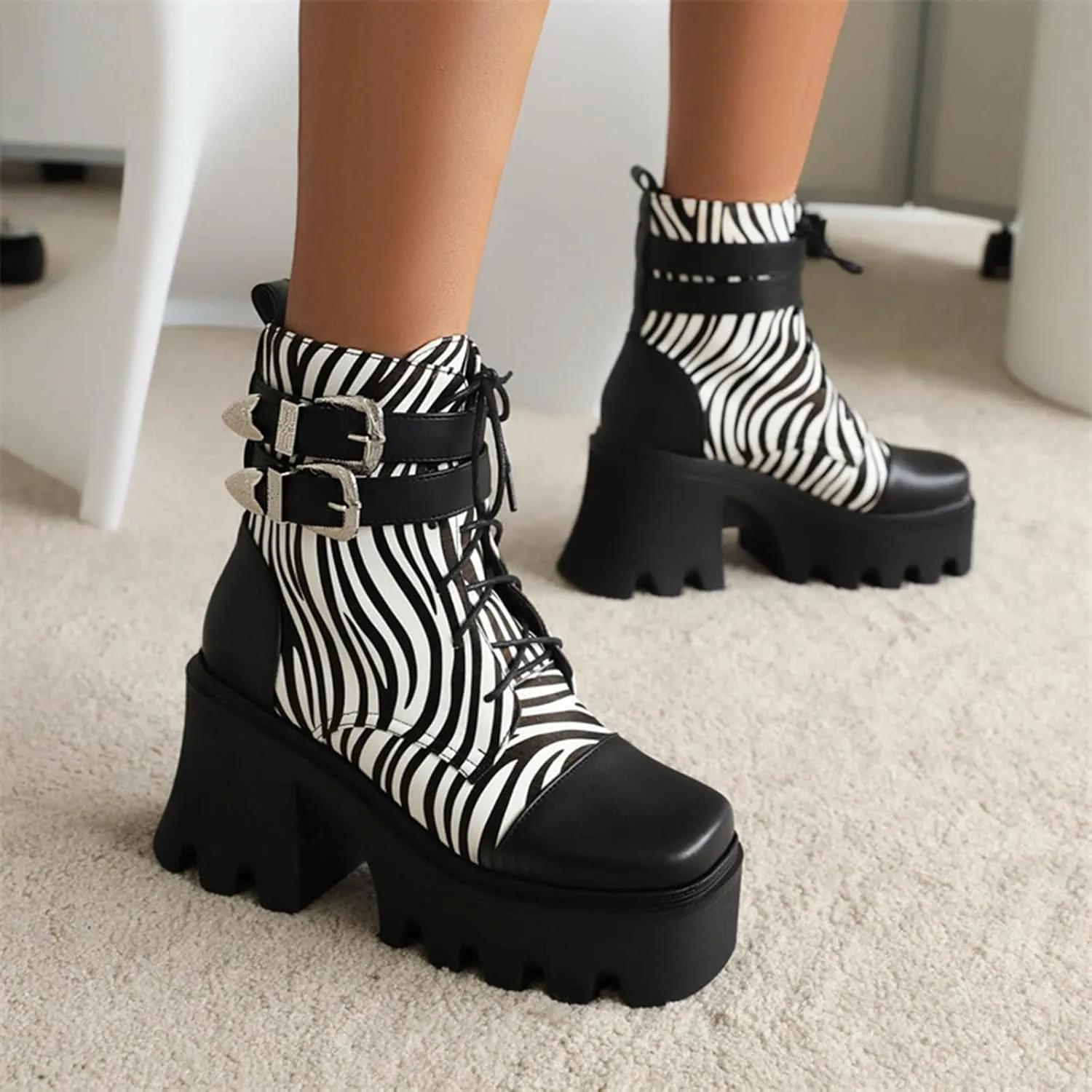 Vujkliy Women's Winter Thick Sole High Heel Zebra Print Front Lace Up Booties Large Size