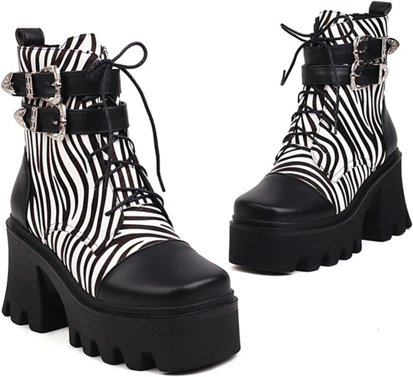 Vujkliy Women's Winter Thick Sole High Heel Zebra Print Front Lace Up Booties Large Size
