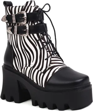 Vujkliy Women's Winter Thick Sole High Heel Zebra Print Front Lace Up Booties Large Size