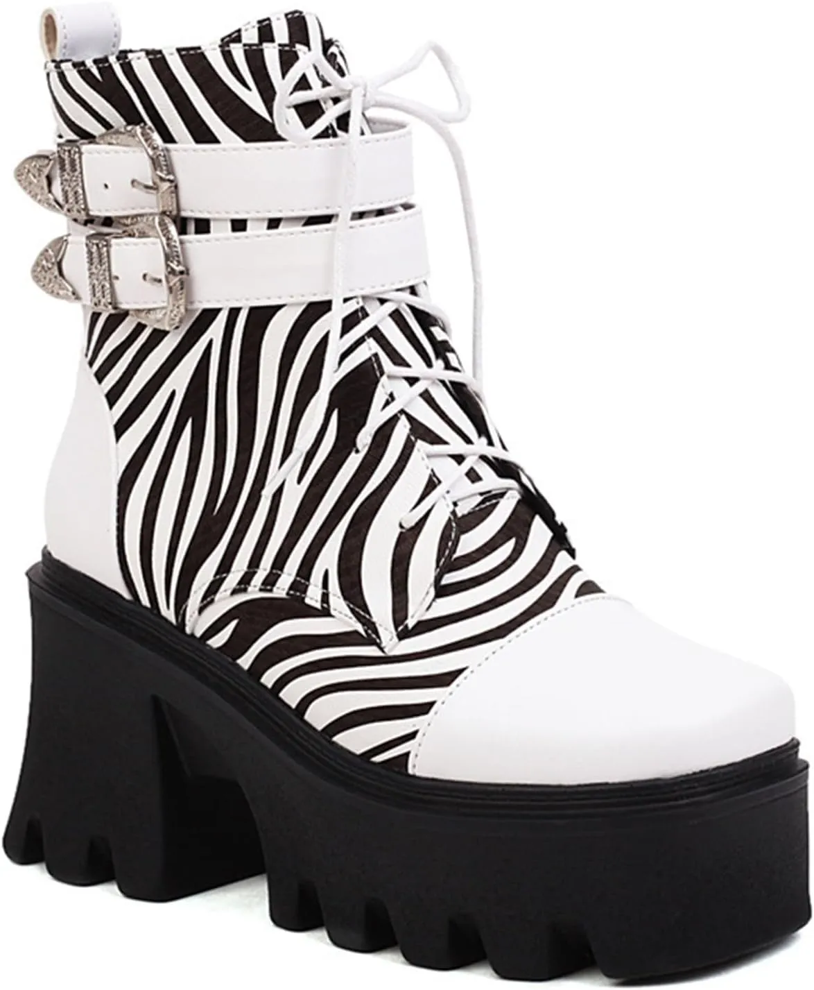 Vujkliy Women's Winter Thick Sole High Heel Zebra Print Front Lace Up Booties Large Size