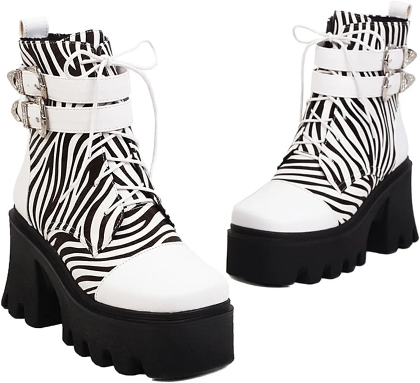 Vujkliy Women's Winter Thick Sole High Heel Zebra Print Front Lace Up Booties Large Size