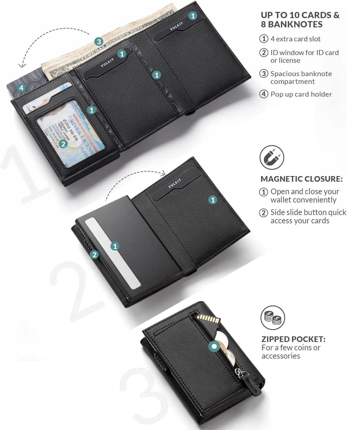 VULKIT Card Holder Wallet with Coin Pocket Magnetic Closure Pop Up Cards With ID Window Leather Wallet for Cash & Credit Cards