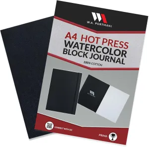 WA Portman Hot Press Watercolor Paper Block - A4 (11.3" x 8.3") 300GSM/140LB 100% Cotton Watercolor Paper - Durable Waterproof Cover with Elastic Band Closure for Protection - Ideal for All Artists