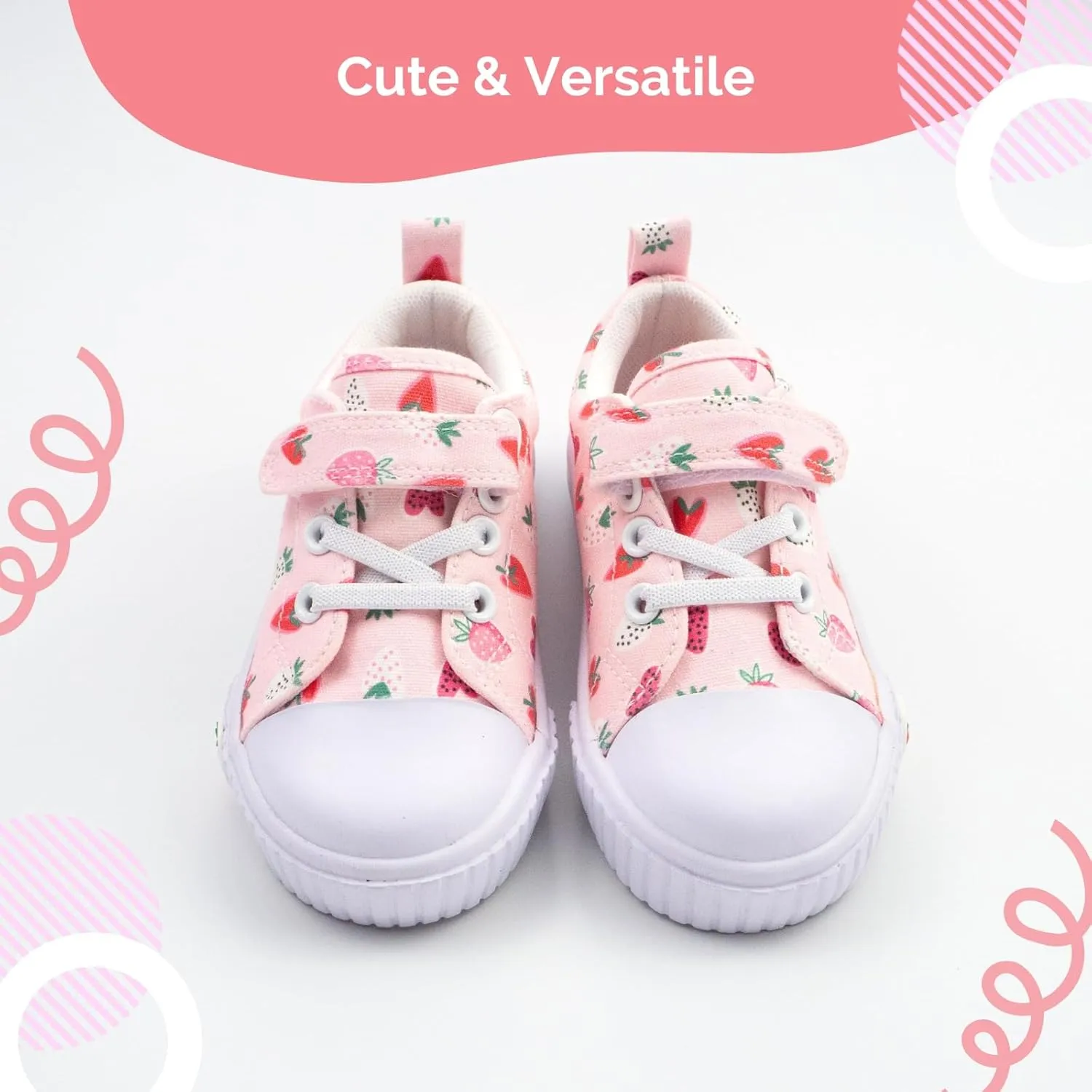 waddle wonder Strawberry Print Toddler Shoes for Girls, Canvas Casual Sneakers with Non-Slip Rubber Sole, Educational Left-Right Design
