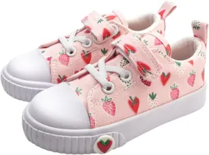waddle wonder Strawberry Print Toddler Shoes for Girls, Canvas Casual Sneakers with Non-Slip Rubber Sole, Educational Left-Right Design