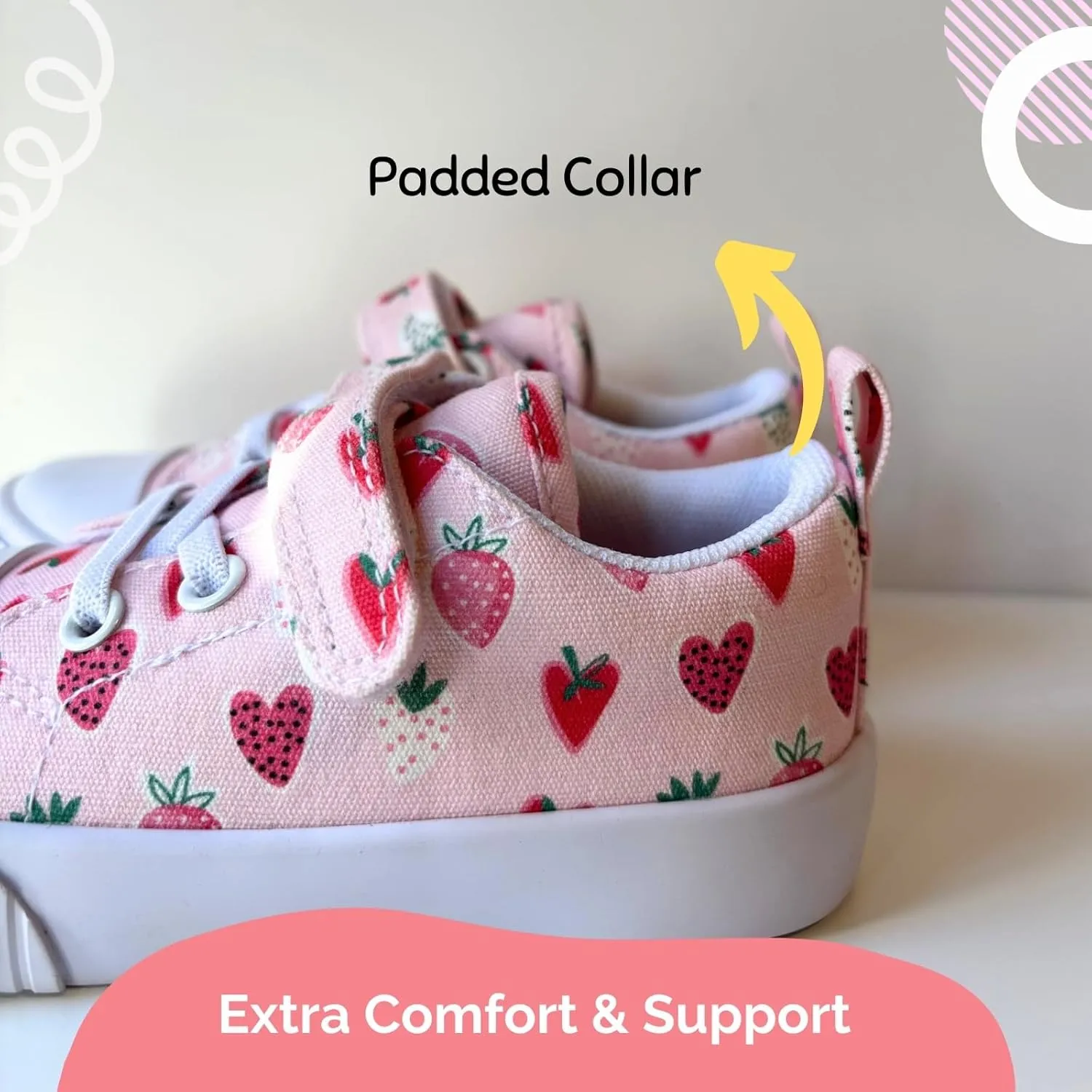 waddle wonder Strawberry Print Toddler Shoes for Girls, Canvas Casual Sneakers with Non-Slip Rubber Sole, Educational Left-Right Design