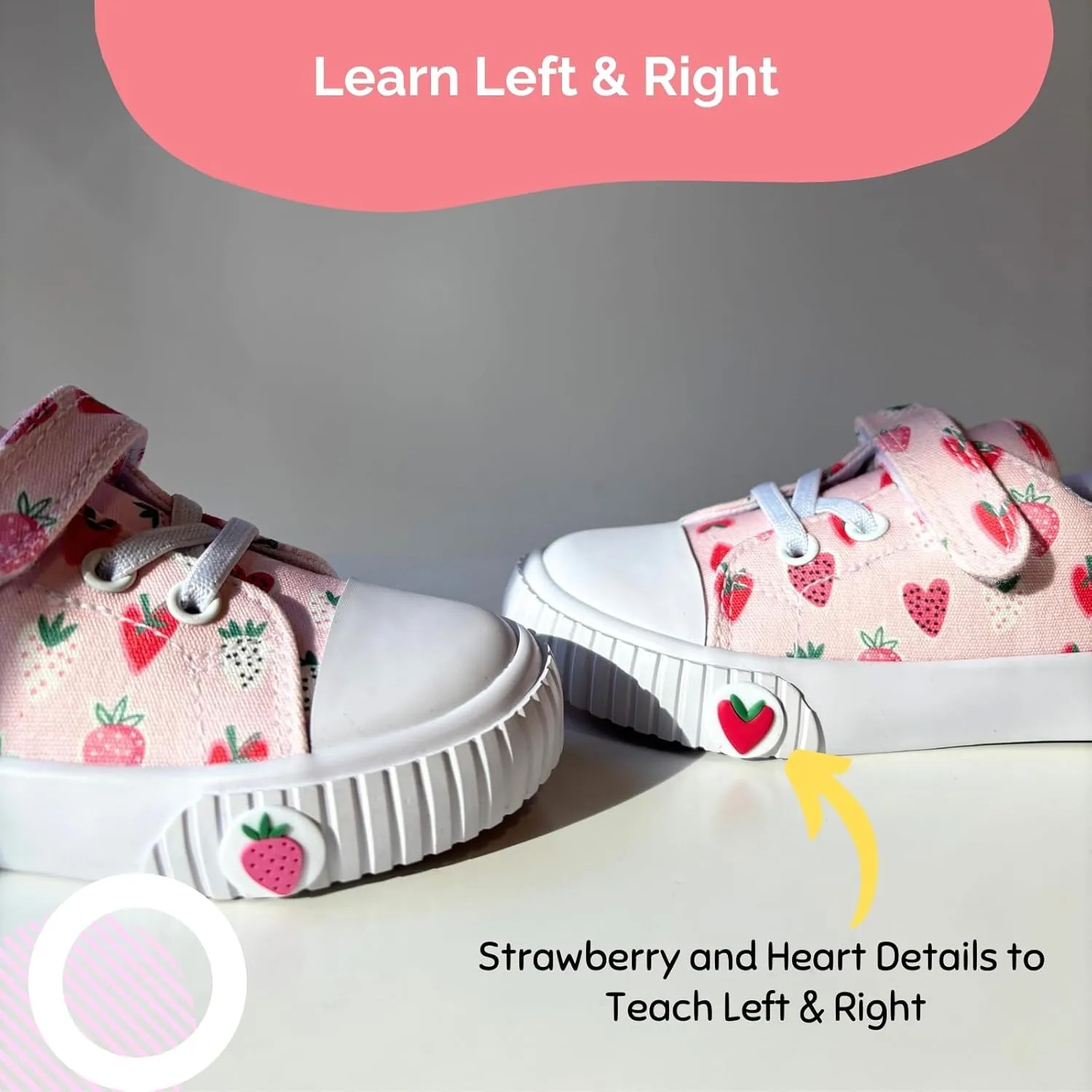 waddle wonder Strawberry Print Toddler Shoes for Girls, Canvas Casual Sneakers with Non-Slip Rubber Sole, Educational Left-Right Design