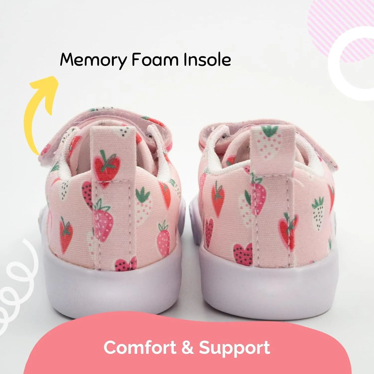 waddle wonder Strawberry Print Toddler Shoes for Girls, Canvas Casual Sneakers with Non-Slip Rubber Sole, Educational Left-Right Design