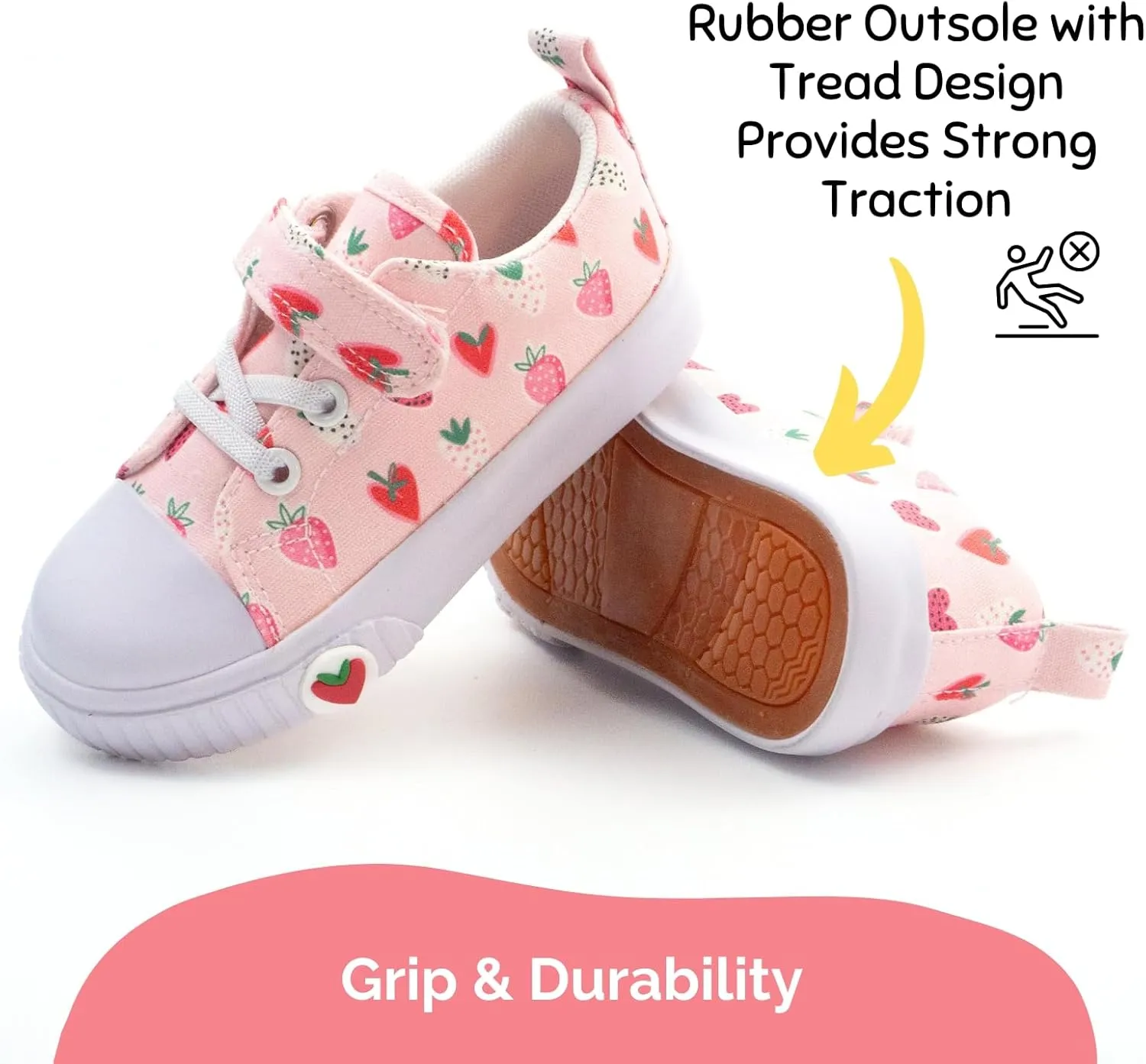 waddle wonder Strawberry Print Toddler Shoes for Girls, Canvas Casual Sneakers with Non-Slip Rubber Sole, Educational Left-Right Design