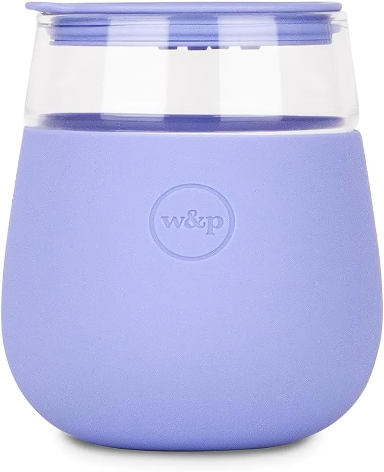 W&P Porter Portable Wine Cocktail Glass with Protective Silicone Sleeve, Lavender 15oz, Wine Tumbler with Slide-Lock Lid, Dishwasher Safe