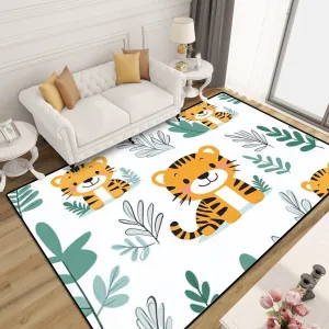 Washable Area Rug Cute Tiger Animal Jungle Tree Seamless Repeated Cartoon Flat Style for 6x9 Low Pile Large Rug Non-Slip Non-Shedding Rug Indoor Carpet for Living Room Bedroom Kids Room Home Decor