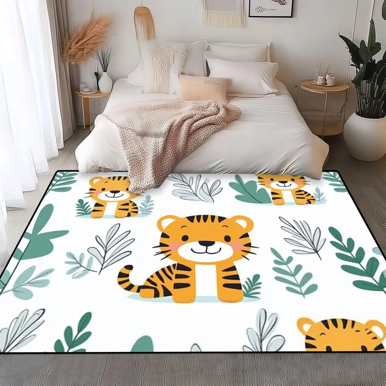Washable Area Rug Cute Tiger Animal Jungle Tree Seamless Repeated Cartoon Flat Style for 6x9 Low Pile Large Rug Non-Slip Non-Shedding Rug Indoor Carpet for Living Room Bedroom Kids Room Home Decor