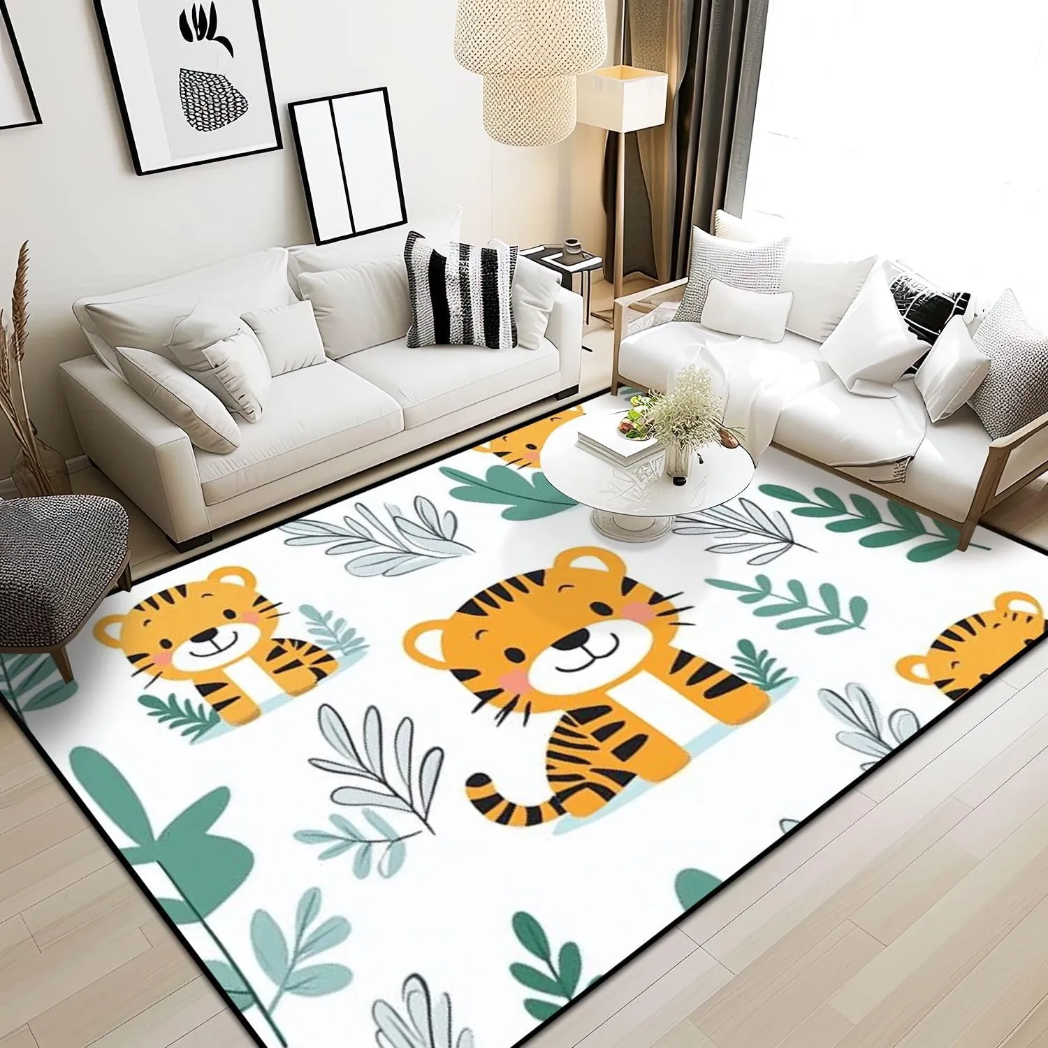 Washable Area Rug Cute Tiger Animal Jungle Tree Seamless Repeated Cartoon Flat Style for 6x9 Low Pile Large Rug Non-Slip Non-Shedding Rug Indoor Carpet for Living Room Bedroom Kids Room Home Decor