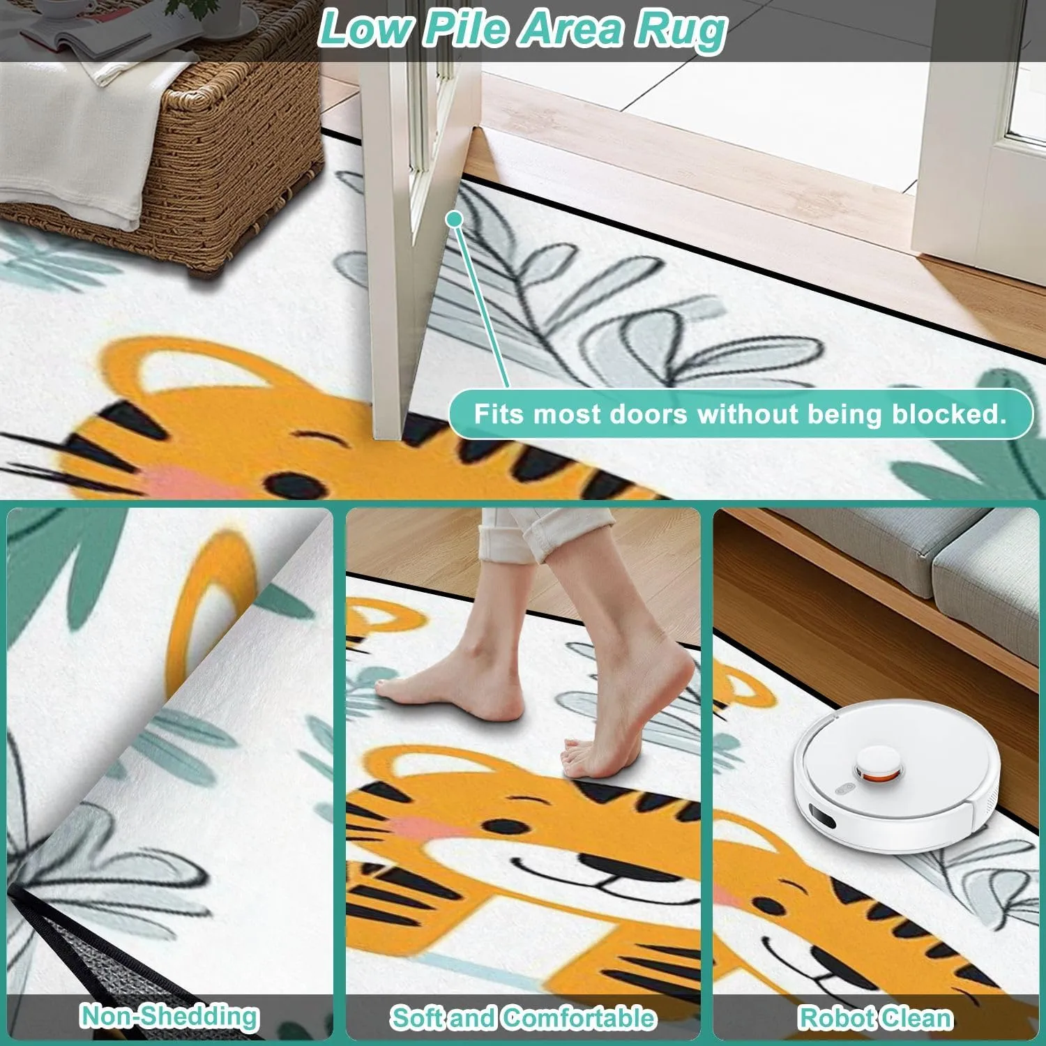 Washable Area Rug Cute Tiger Animal Jungle Tree Seamless Repeated Cartoon Flat Style for 6x9 Low Pile Large Rug Non-Slip Non-Shedding Rug Indoor Carpet for Living Room Bedroom Kids Room Home Decor