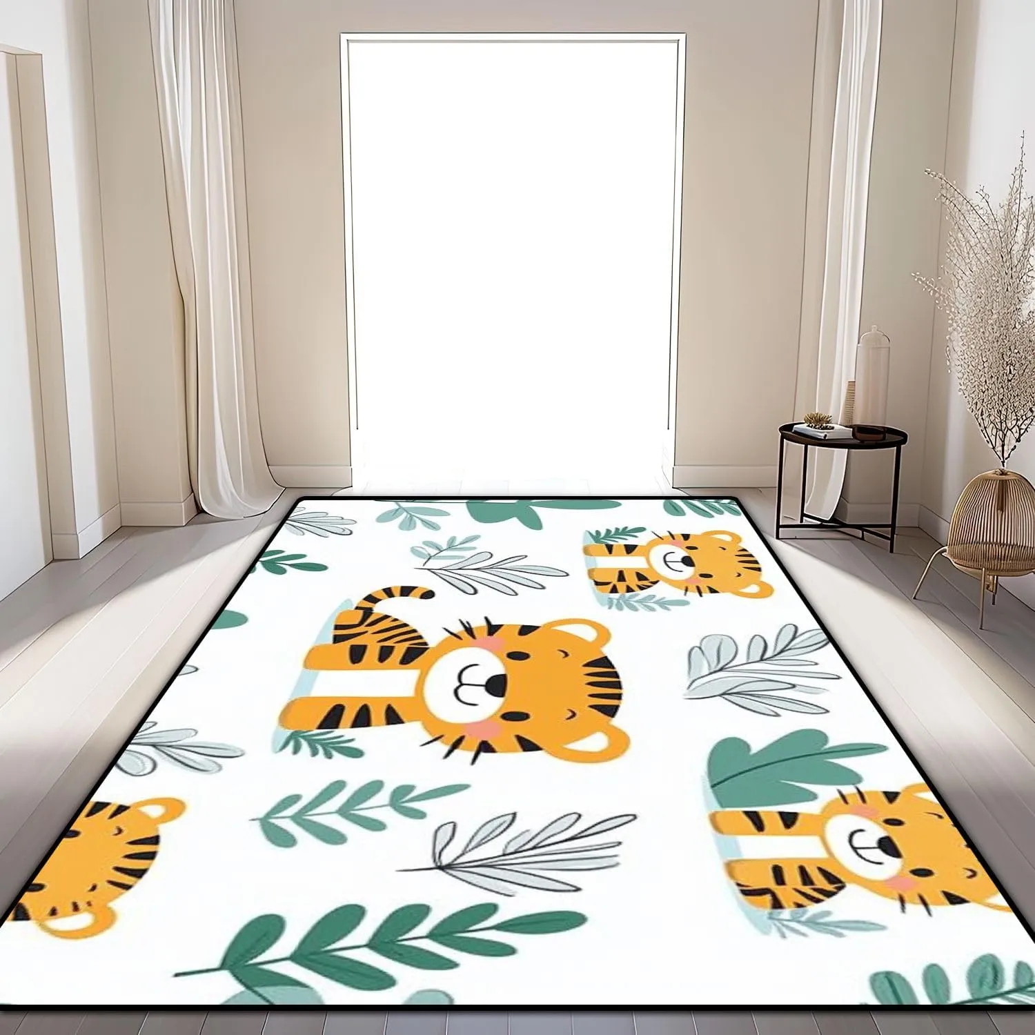 Washable Area Rug Cute Tiger Animal Jungle Tree Seamless Repeated Cartoon Flat Style for 6x9 Low Pile Large Rug Non-Slip Non-Shedding Rug Indoor Carpet for Living Room Bedroom Kids Room Home Decor