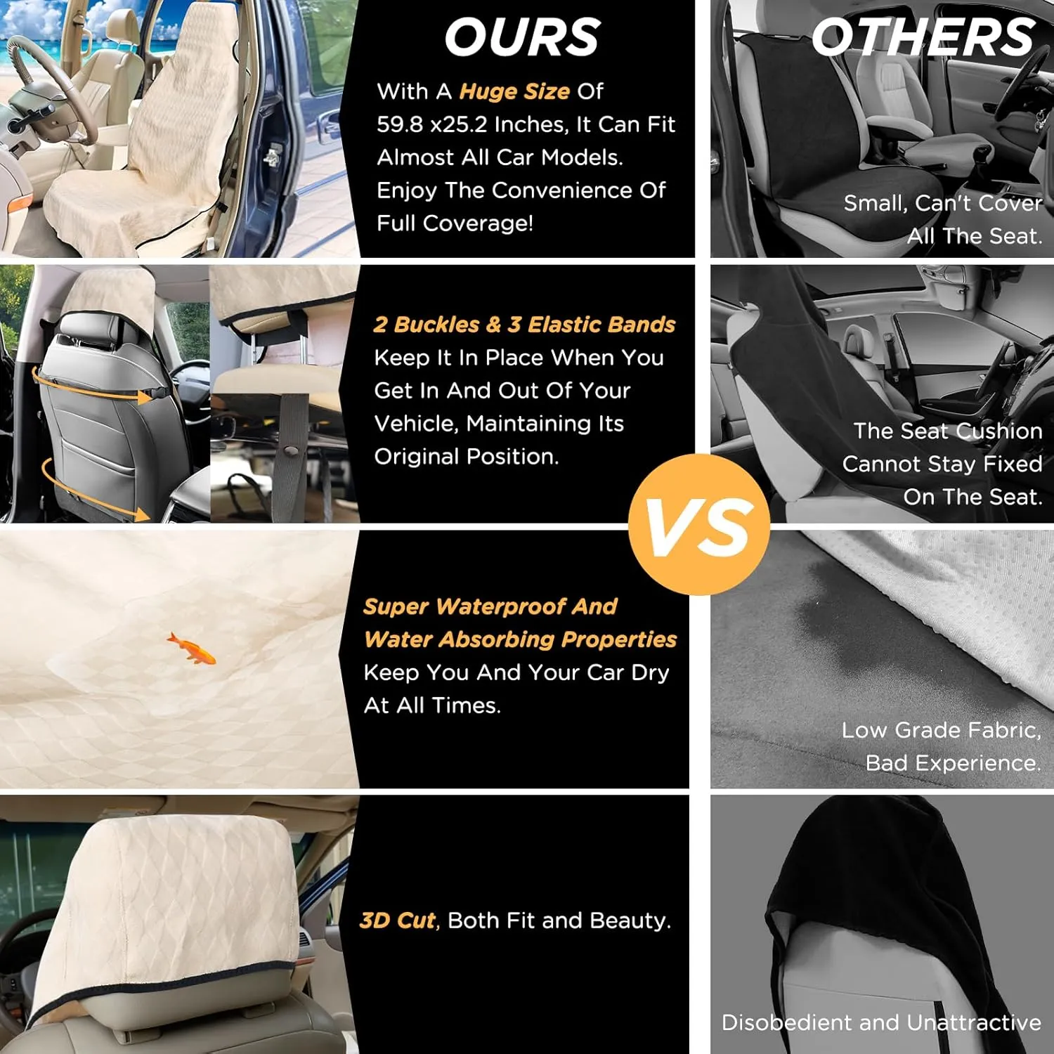 Waterproof Seat Cover Towel, 2PCS Premium Sweat Carseat Protector, Perfect for Universal Anti-Slip Car Truck SUV Seat, Great for Surfing Yoga Gym Workout, Beige (Jacquard)