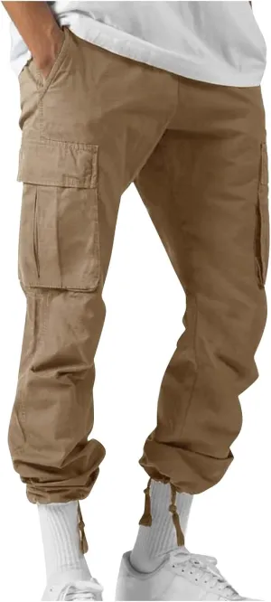 WENKOMG1 Men's Basic Tactical Bottoms Breathable Elastic Waist Trousers Pencil Leg Sports Bottoms