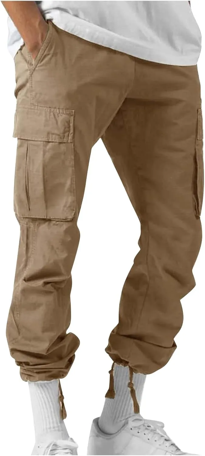 WENKOMG1 Men's Basic Tactical Bottoms Breathable Elastic Waist Trousers Pencil Leg Sports Bottoms