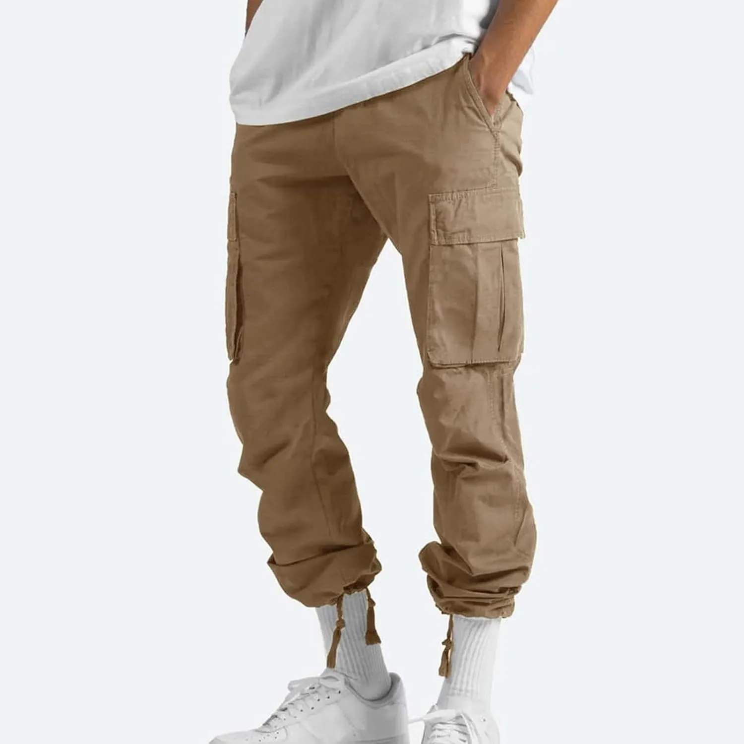 WENKOMG1 Men's Basic Tactical Bottoms Breathable Elastic Waist Trousers Pencil Leg Sports Bottoms