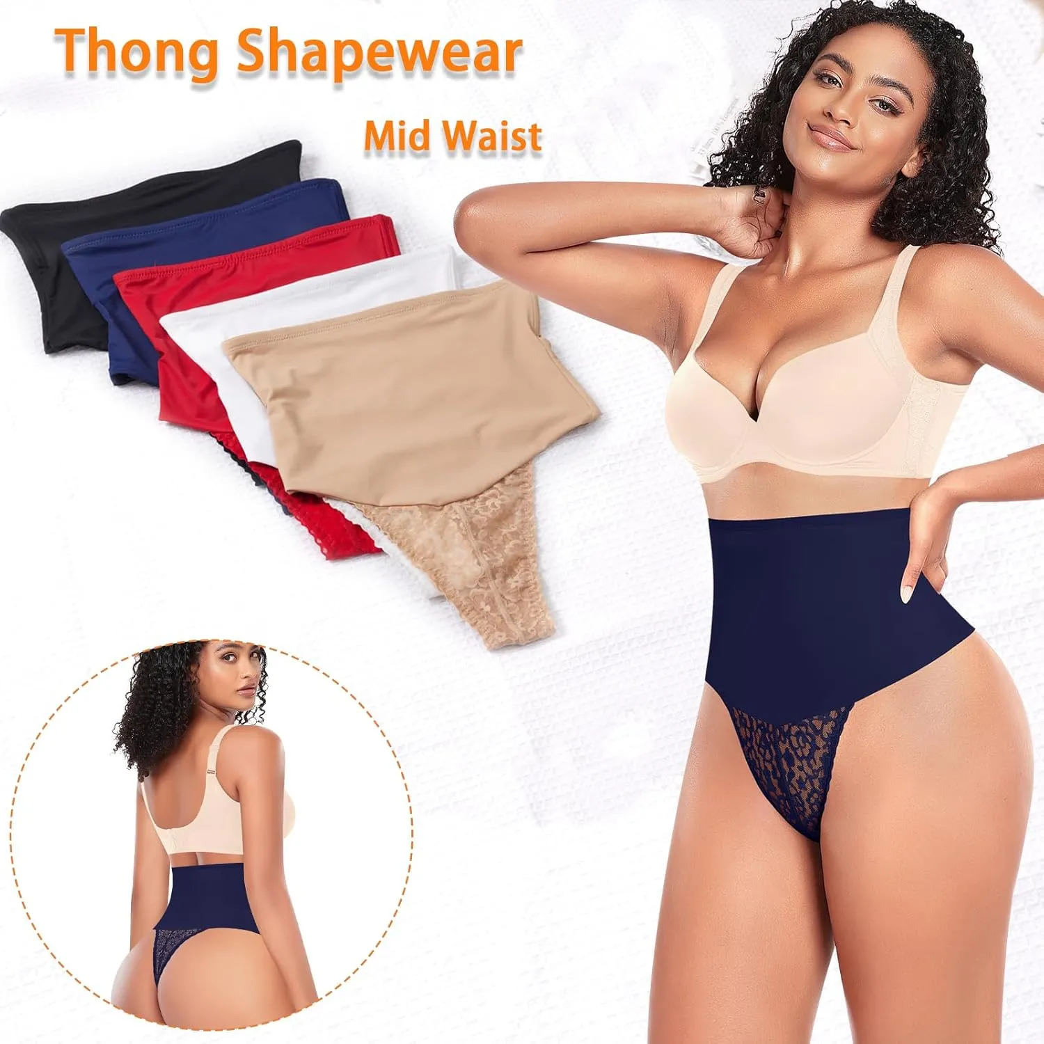 Werena Tummy Control Thong Shapewear for Women Mid High Waisted Body Shaper Underwear Lace Shaping Thong Girdle Panties