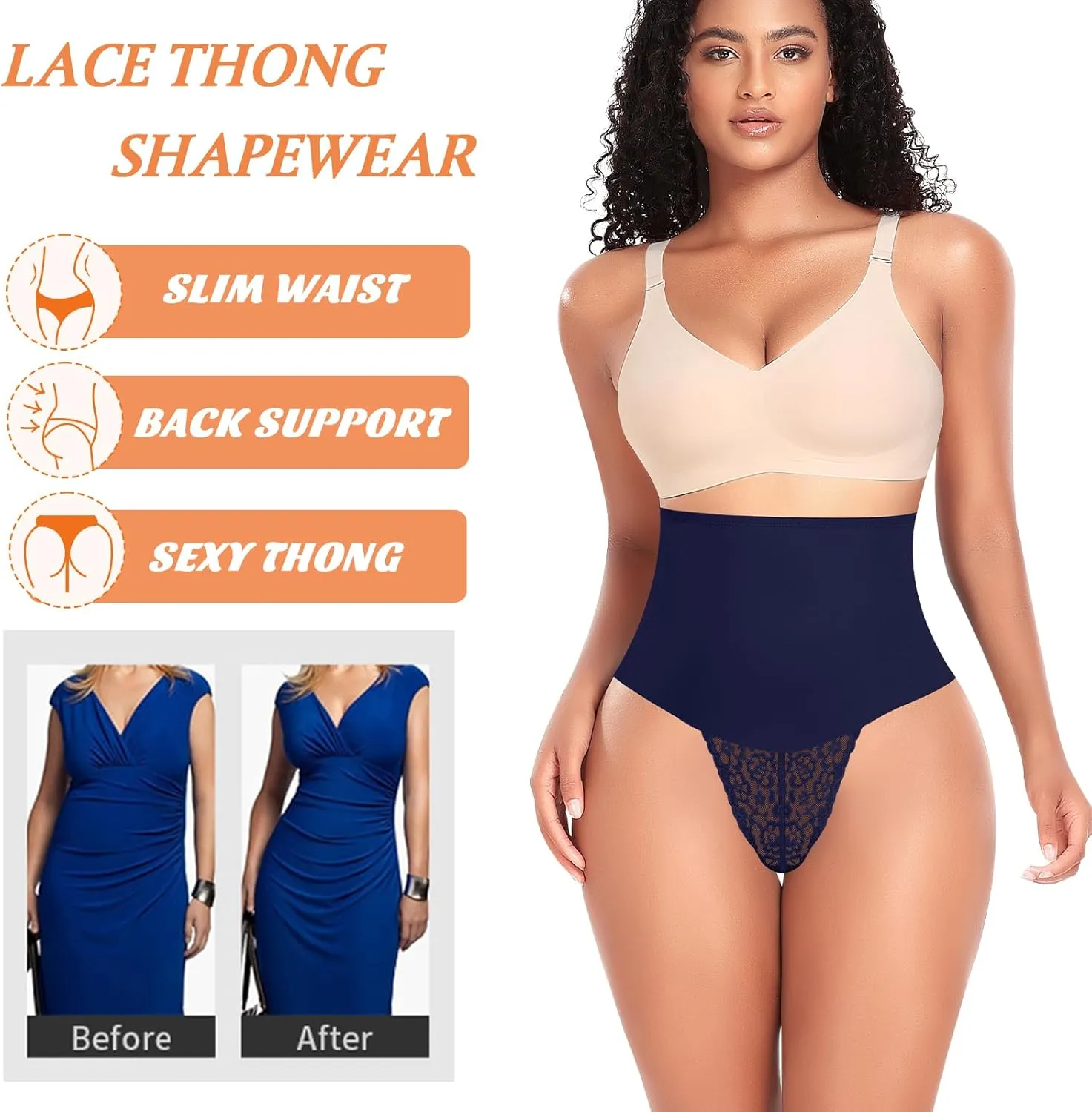 Werena Tummy Control Thong Shapewear for Women Mid High Waisted Body Shaper Underwear Lace Shaping Thong Girdle Panties