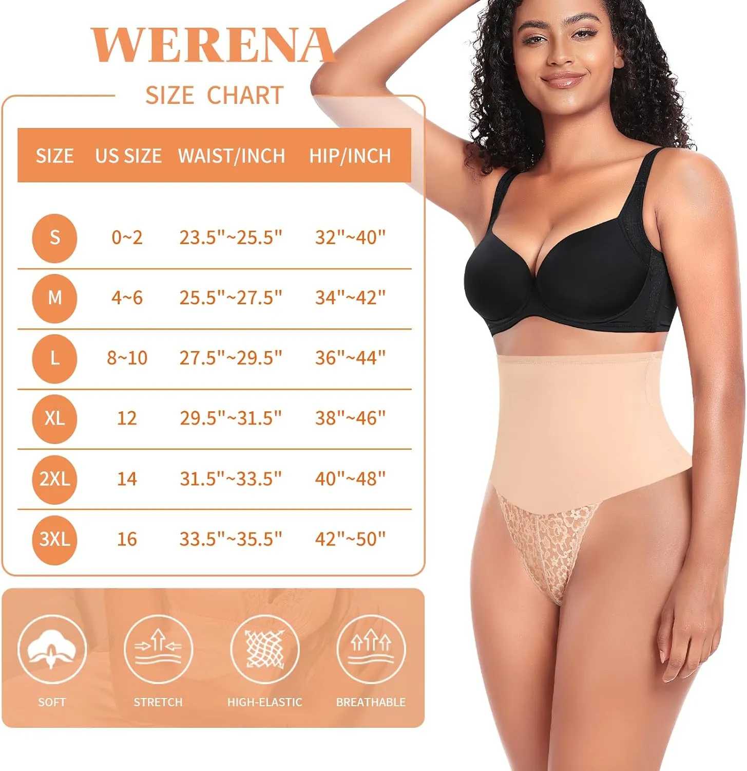 Werena Tummy Control Thong Shapewear for Women Mid High Waisted Body Shaper Underwear Lace Shaping Thong Girdle Panties