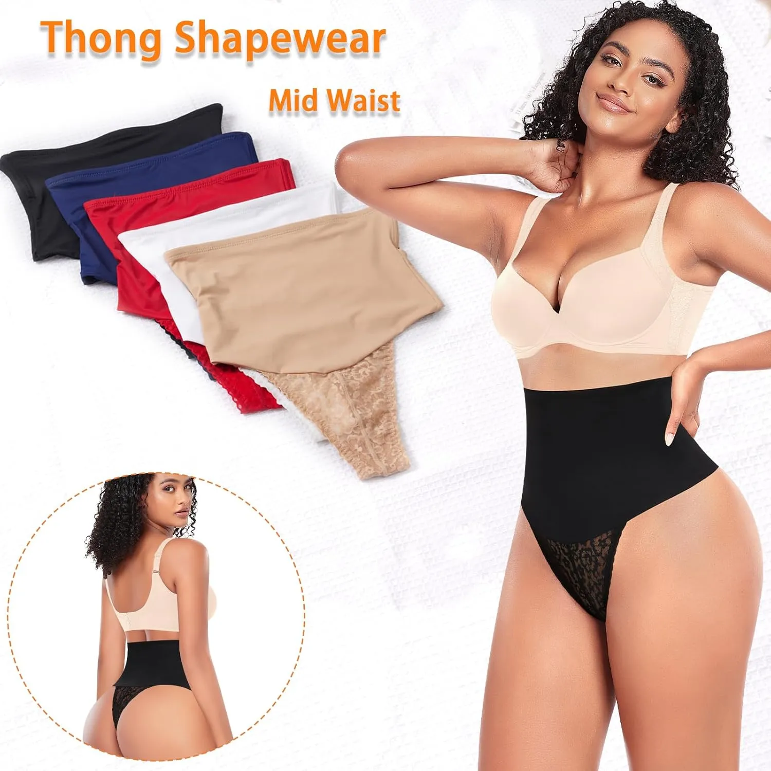 Werena Tummy Control Thong Shapewear for Women Mid High Waisted Body Shaper Underwear Lace Shaping Thong Girdle Panties