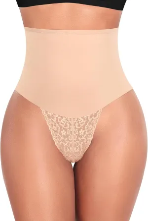 Werena Tummy Control Thong Shapewear for Women Mid High Waisted Body Shaper Underwear Lace Shaping Thong Girdle Panties