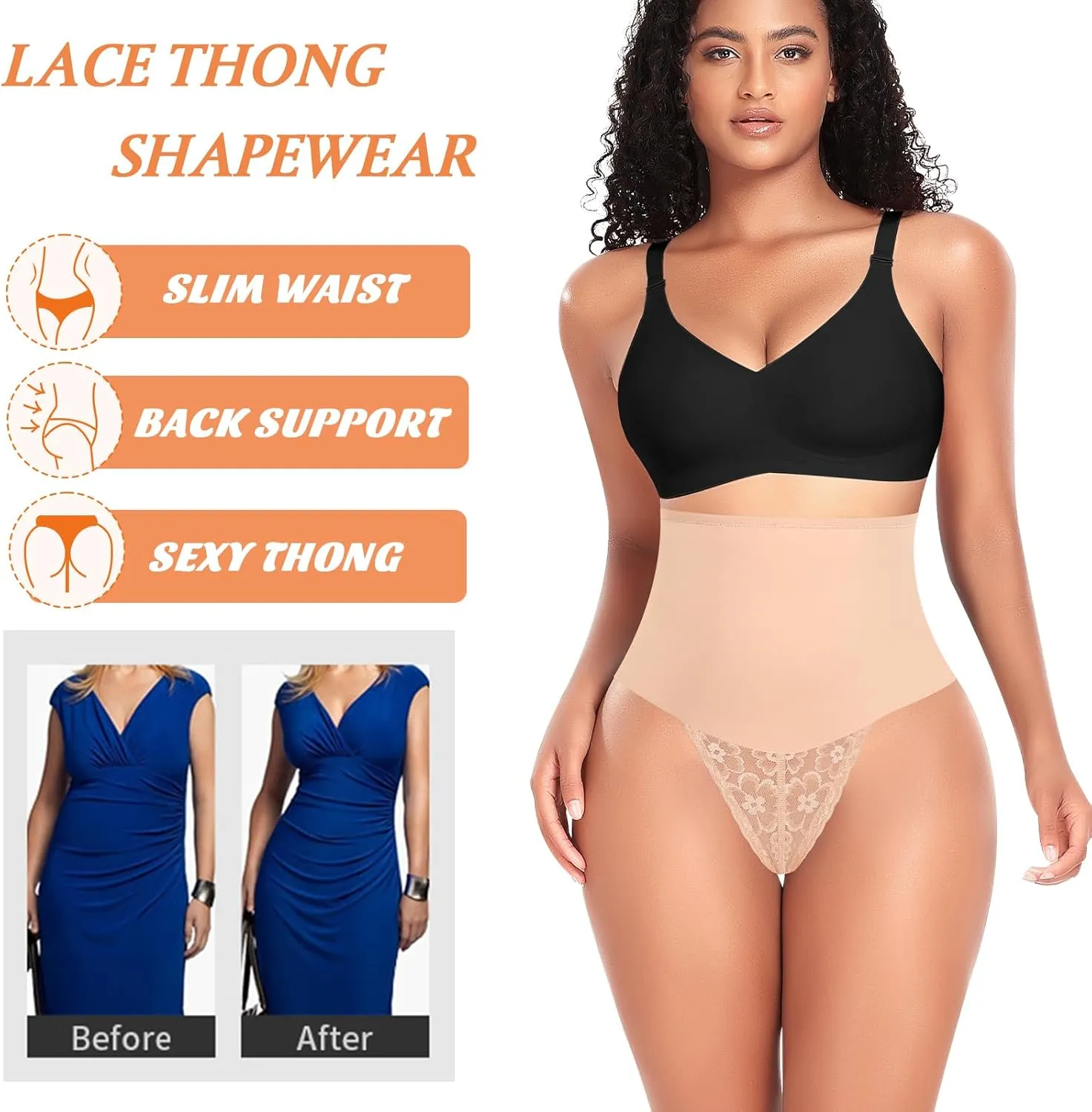 Werena Tummy Control Thong Shapewear for Women Mid High Waisted Body Shaper Underwear Lace Shaping Thong Girdle Panties