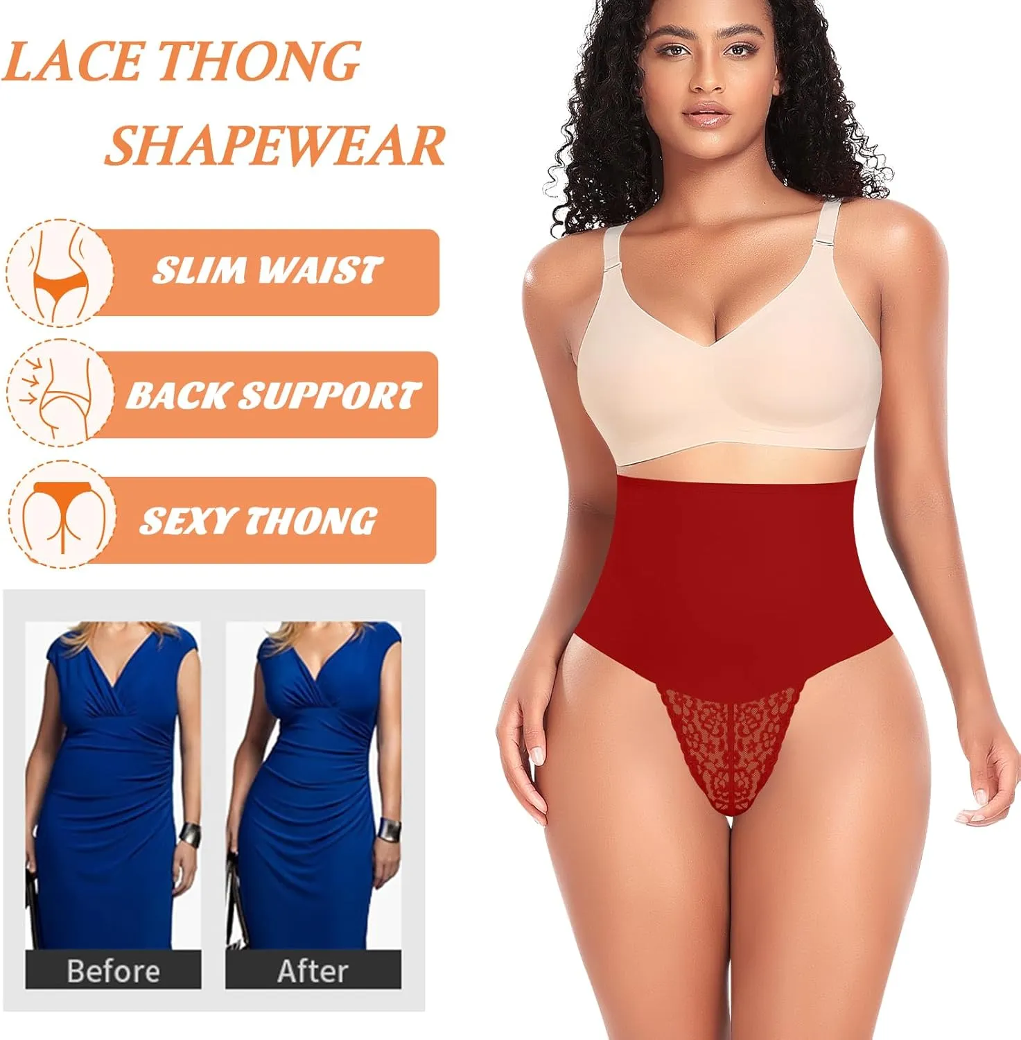 Werena Tummy Control Thong Shapewear for Women Mid High Waisted Body Shaper Underwear Lace Shaping Thong Girdle Panties