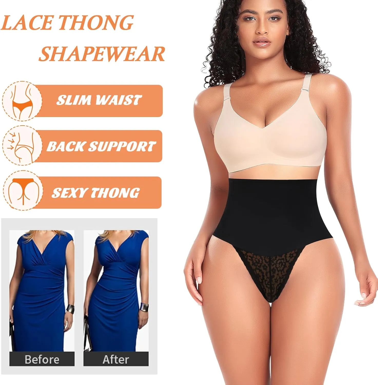 Werena Tummy Control Thong Shapewear for Women Mid High Waisted Body Shaper Underwear Lace Shaping Thong Girdle Panties