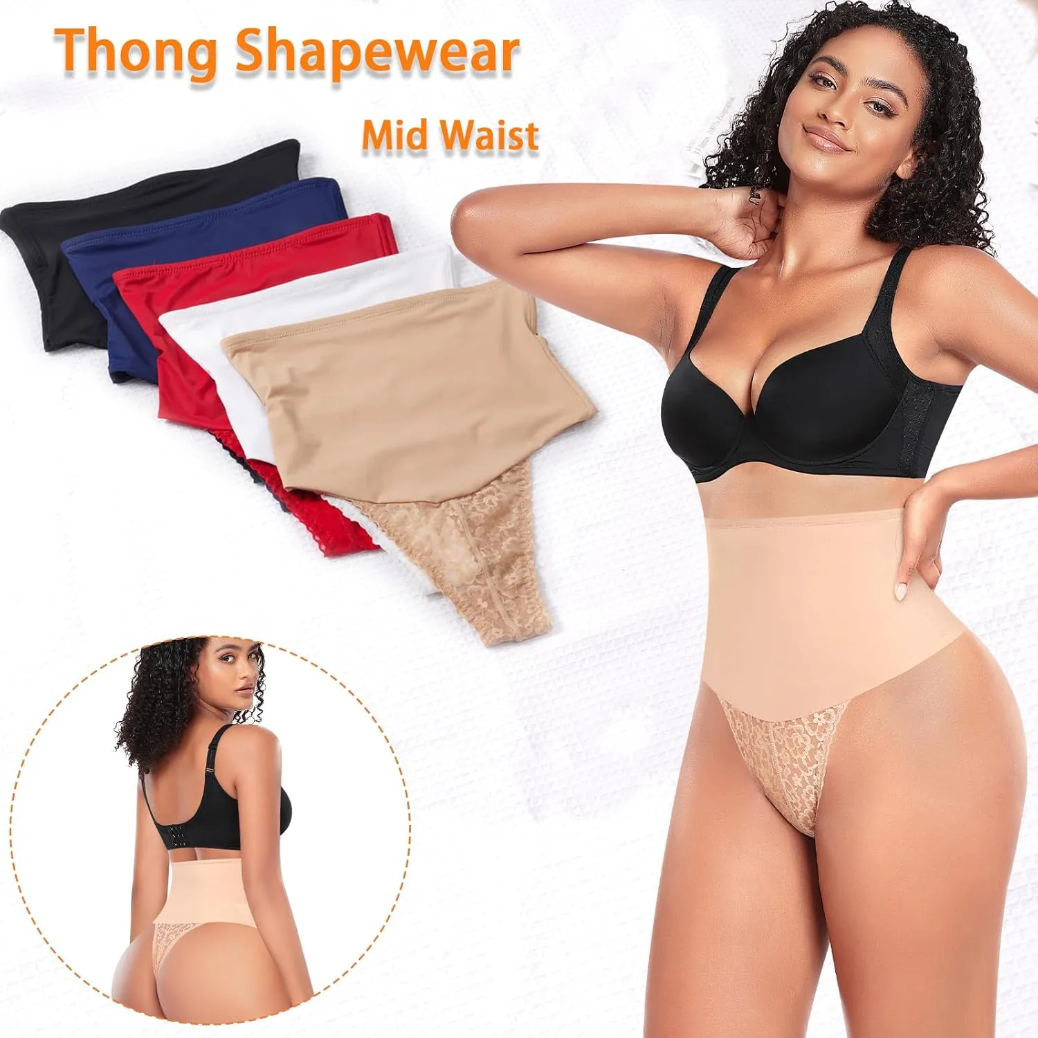 Werena Tummy Control Thong Shapewear for Women Mid High Waisted Body Shaper Underwear Lace Shaping Thong Girdle Panties