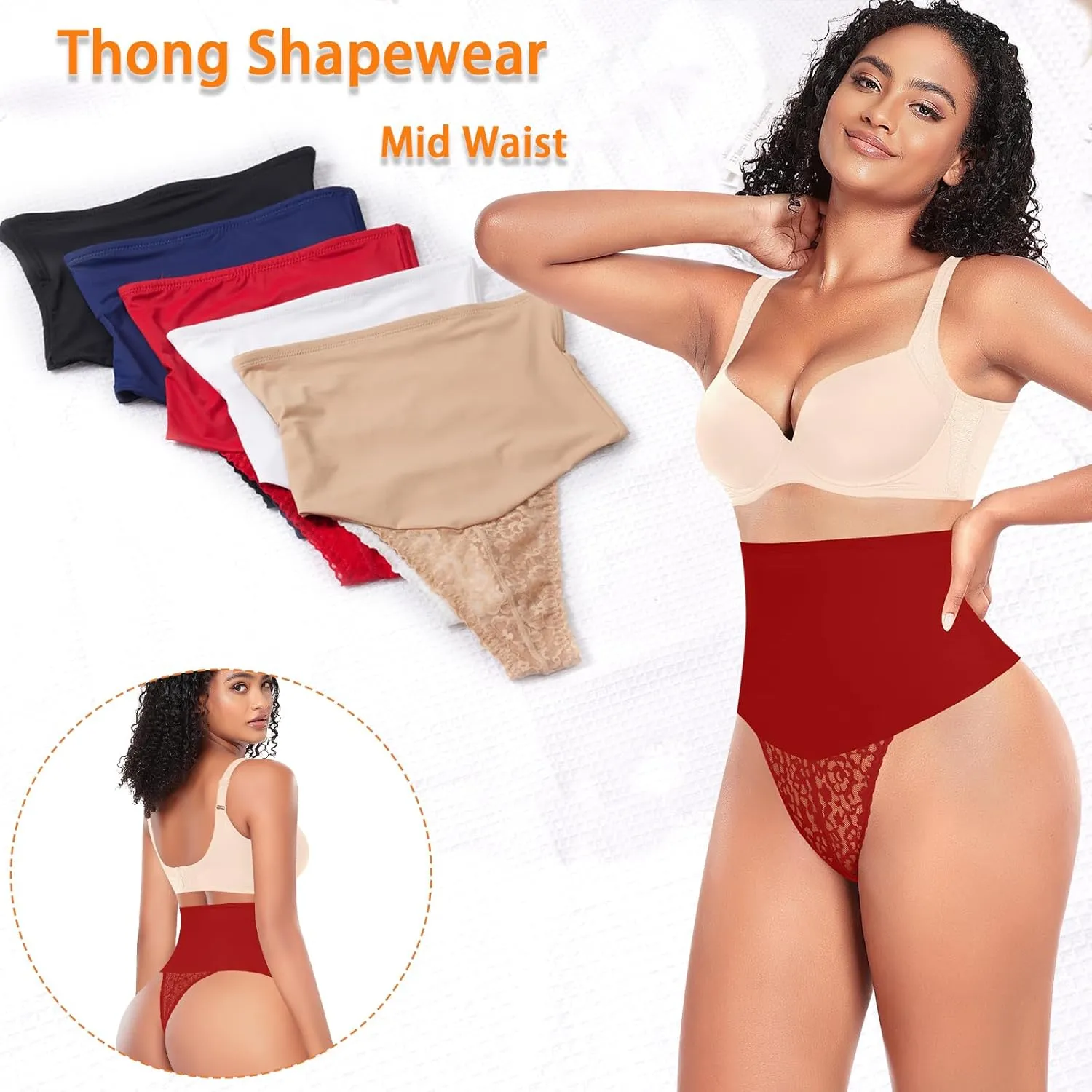 Werena Tummy Control Thong Shapewear for Women Mid High Waisted Body Shaper Underwear Lace Shaping Thong Girdle Panties