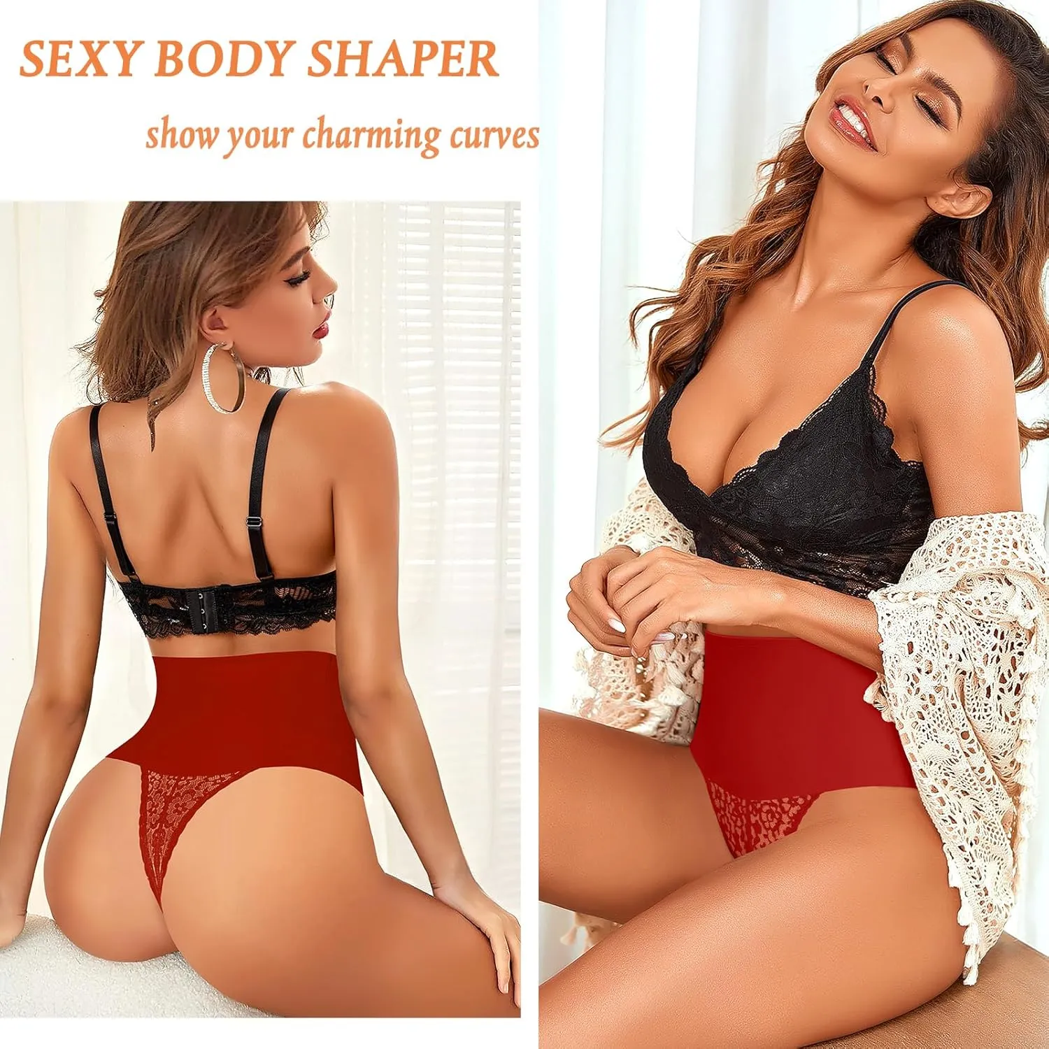 Werena Tummy Control Thong Shapewear for Women Mid High Waisted Body Shaper Underwear Lace Shaping Thong Girdle Panties