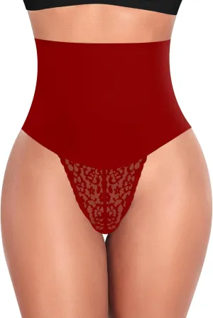 Werena Tummy Control Thong Shapewear for Women Mid High Waisted Body Shaper Underwear Lace Shaping Thong Girdle Panties