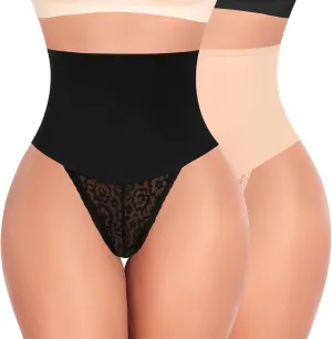 Werena Tummy Control Thong Shapewear for Women Mid High Waisted Body Shaper Underwear Lace Shaping Thong Girdle Panties