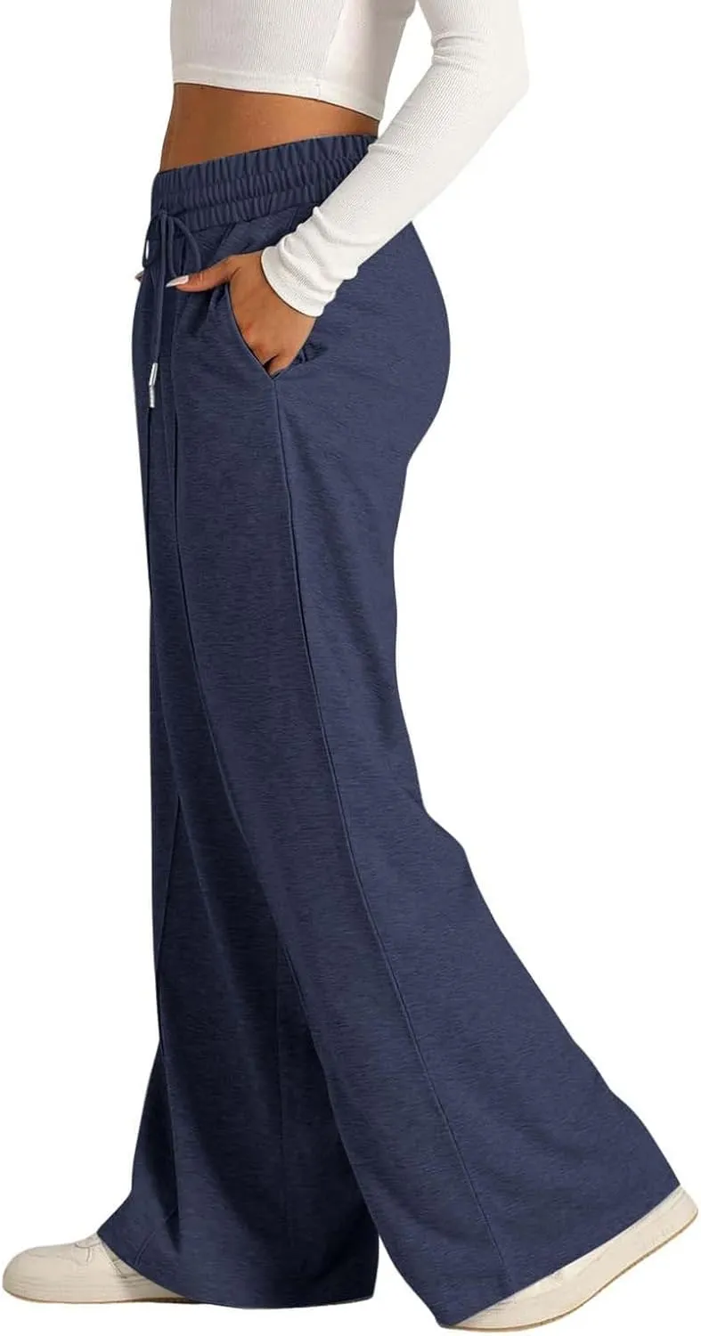 Wide Leg Sweatpants Women High Waisted Baggy Sweat Pants Elastic Drawstring Loose Running Lounge Pants with Pockets