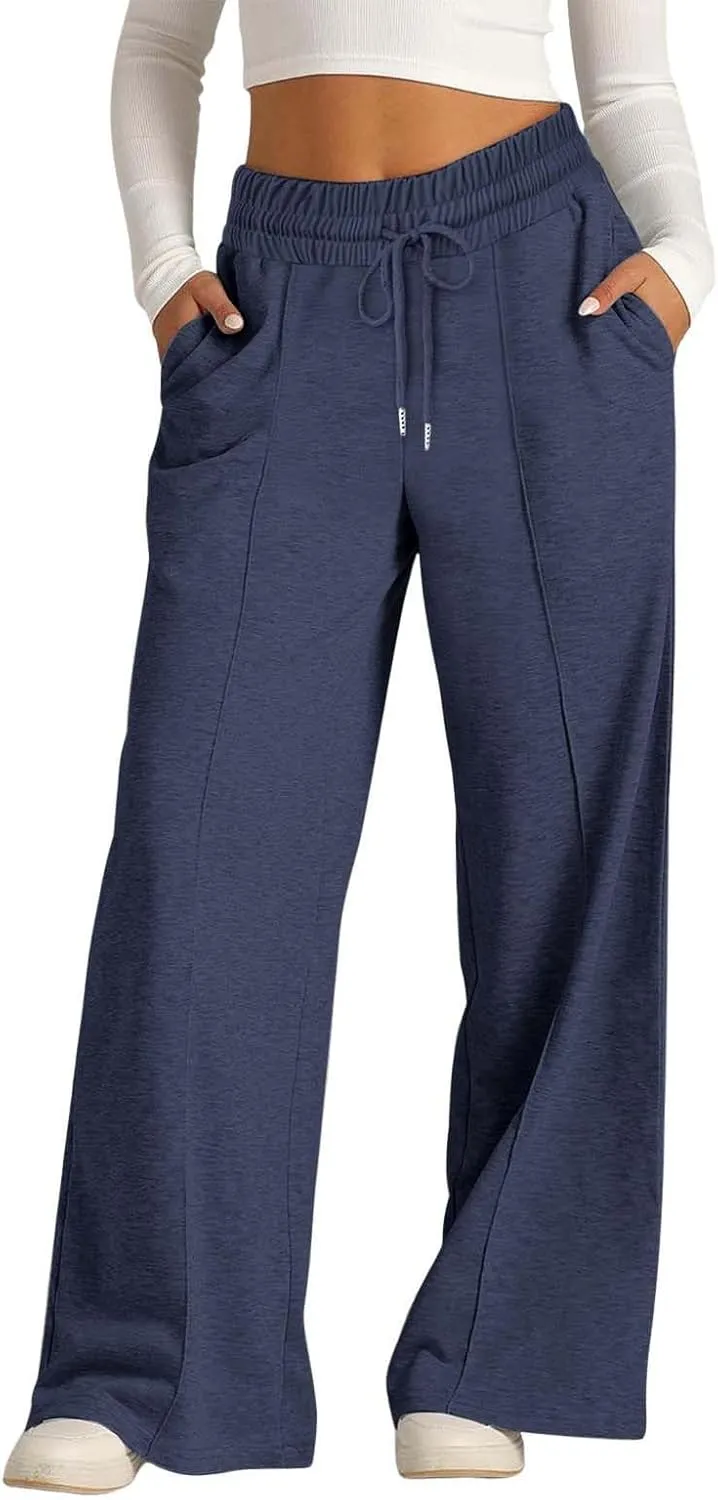 Wide Leg Sweatpants Women High Waisted Baggy Sweat Pants Elastic Drawstring Loose Running Lounge Pants with Pockets