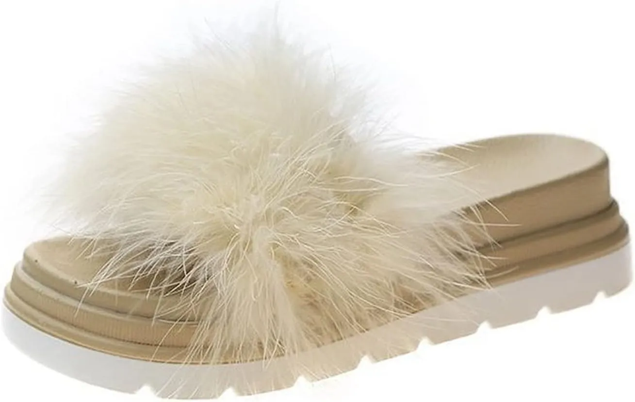 WOilERQ Summer Ladies Fur Slippers Comfortable Candy Fruit Colored Pine Cake Thick Bottom Sandal Slippers Wearing Open Toe Zip Fit Indoor and Outdoor,Beige,36