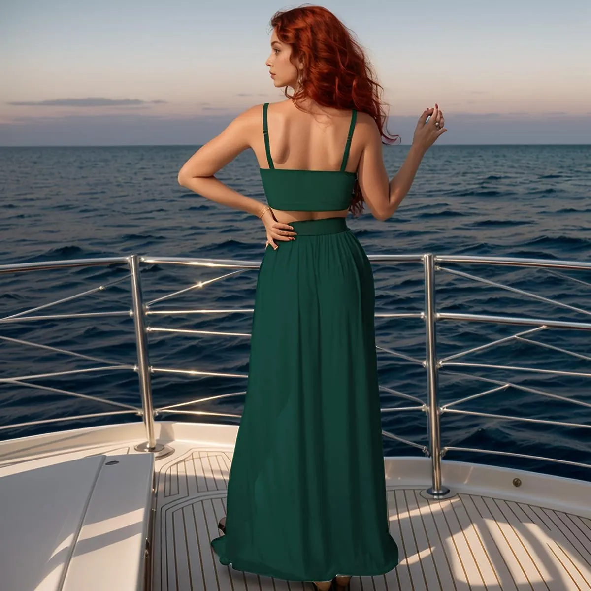 Women Sexy 2 Piece Outfits Dress Chiffon Strap Deep V Neck Bra Crop Top High Split Maxi Dresses Skirt Set