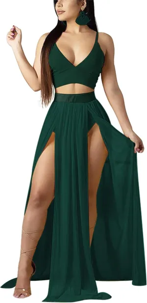 Women Sexy 2 Piece Outfits Dress Chiffon Strap Deep V Neck Bra Crop Top High Split Maxi Dresses Skirt Set