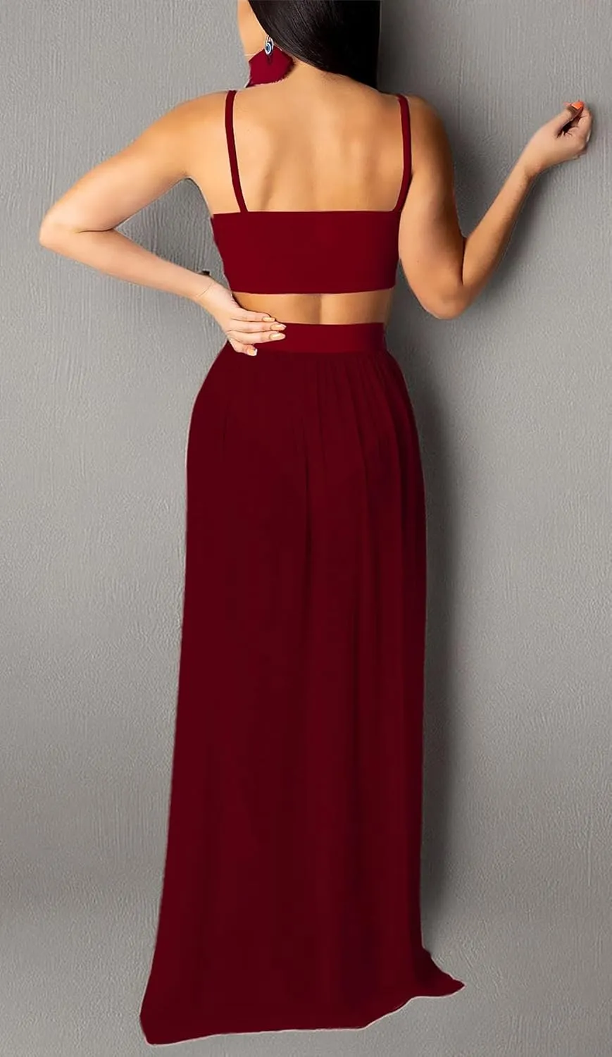 Women Sexy 2 Piece Outfits Dress Chiffon Strap Deep V Neck Bra Crop Top High Split Maxi Dresses Skirt Set