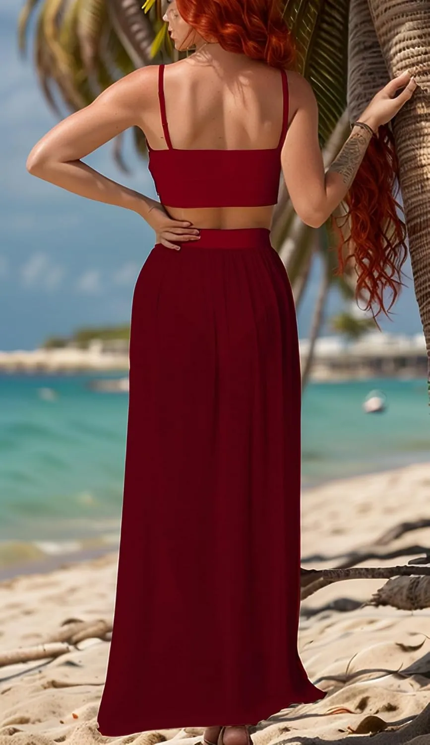 Women Sexy 2 Piece Outfits Dress Chiffon Strap Deep V Neck Bra Crop Top High Split Maxi Dresses Skirt Set