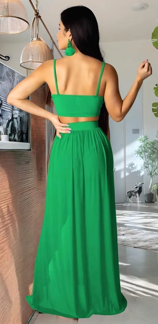 Women Sexy 2 Piece Outfits Dress Chiffon Strap Deep V Neck Bra Crop Top High Split Maxi Dresses Skirt Set