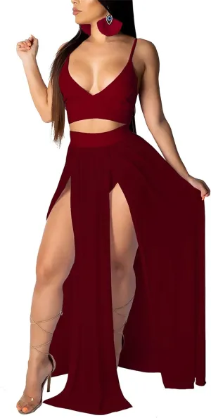 Women Sexy 2 Piece Outfits Dress Chiffon Strap Deep V Neck Bra Crop Top High Split Maxi Dresses Skirt Set