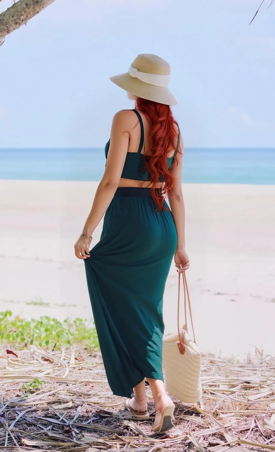 Women Sexy 2 Piece Outfits Dress Chiffon Strap Deep V Neck Bra Crop Top High Split Maxi Dresses Skirt Set